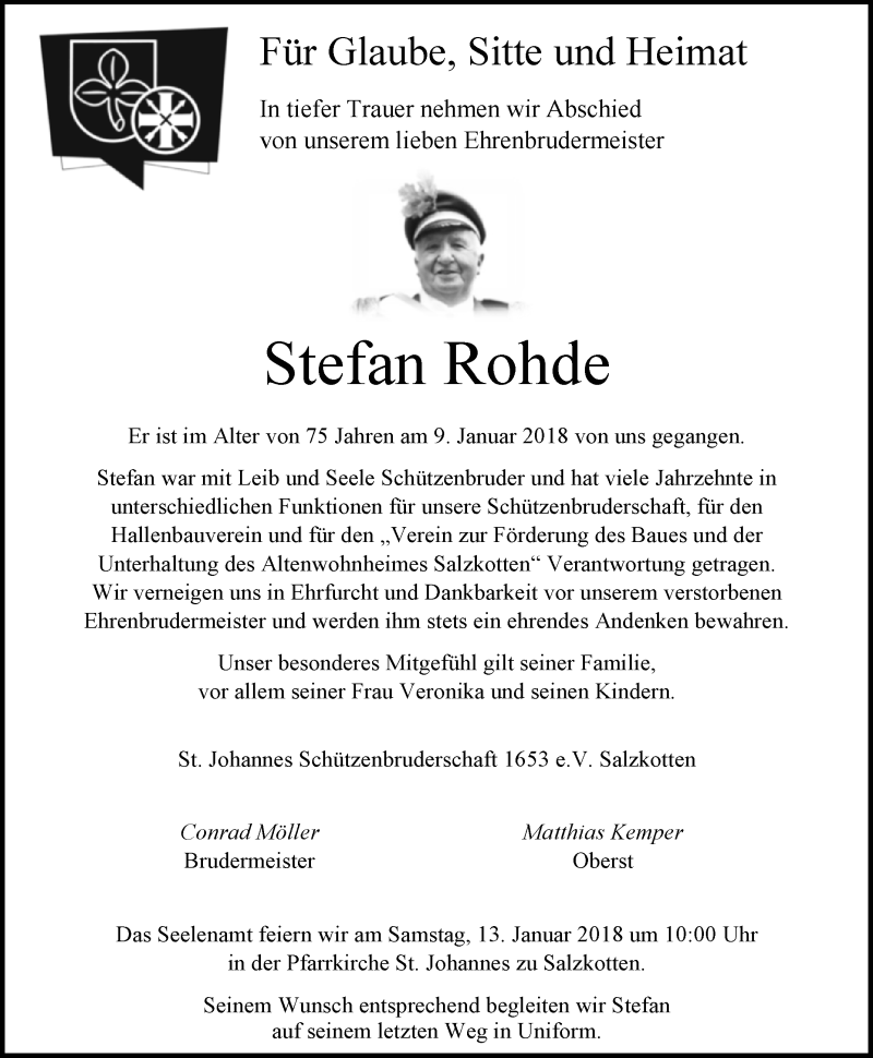  Traueranzeige für Stefan Rohde vom 11.01.2018 aus Westfalen-Blatt