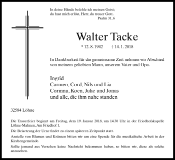 Traueranzeige von Walter Tacke von Westfalen-Blatt