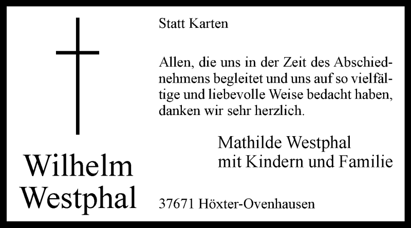  Traueranzeige für Wilhelm Westphal vom 27.01.2018 aus Westfalen-Blatt