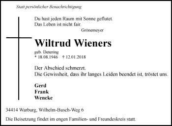 Traueranzeige von Wiltrud Wieners von Westfalen-Blatt