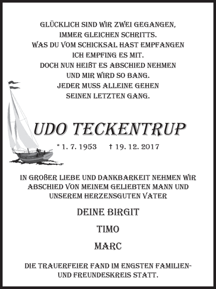  Traueranzeige für Udo Teckentrup vom 06.01.2018 aus 