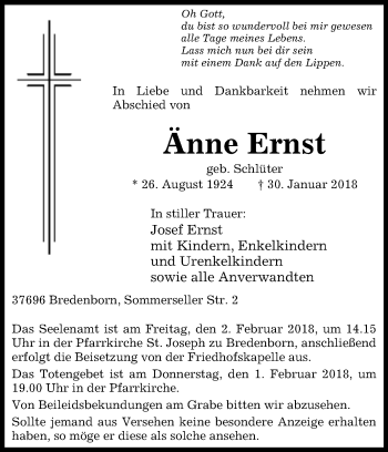 Traueranzeige von Änne Ernst von Westfalen-Blatt