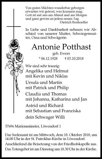 Traueranzeige von Antonie Potthast von Westfalen-Blatt