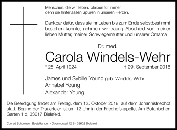 Traueranzeige von Carola Windels-Wehr von Westfalen-Blatt