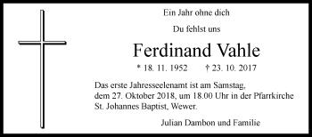 Traueranzeige von Ferdinand Vahle von Westfalen-Blatt