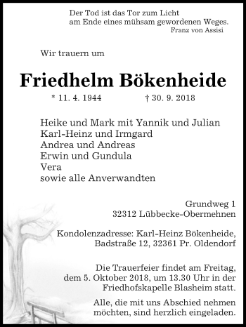 Traueranzeige von Friedhelm Bökenheide von Westfalen-Blatt
