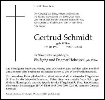 Traueranzeige von Gertrud Schmidt von Westfalen-Blatt