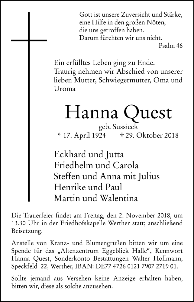  Traueranzeige für Hanna Quest vom 30.10.2018 aus Westfalen-Blatt