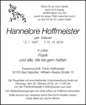 Traueranzeige von Hannelore Hoffmeister von Westfalen-Blatt