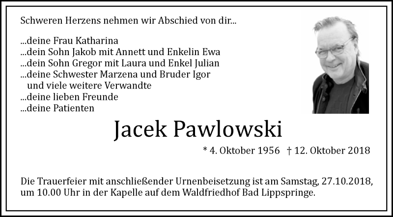  Traueranzeige für Jacek Pawlowski vom 17.10.2018 aus Westfalen-Blatt