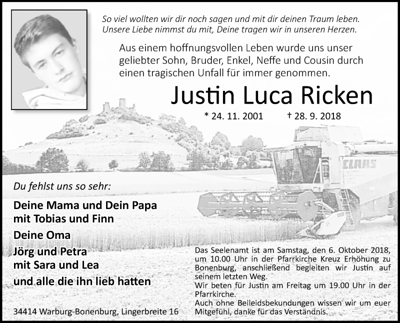  Traueranzeige für Justin Luca Ricken vom 03.10.2018 aus Westfalen-Blatt