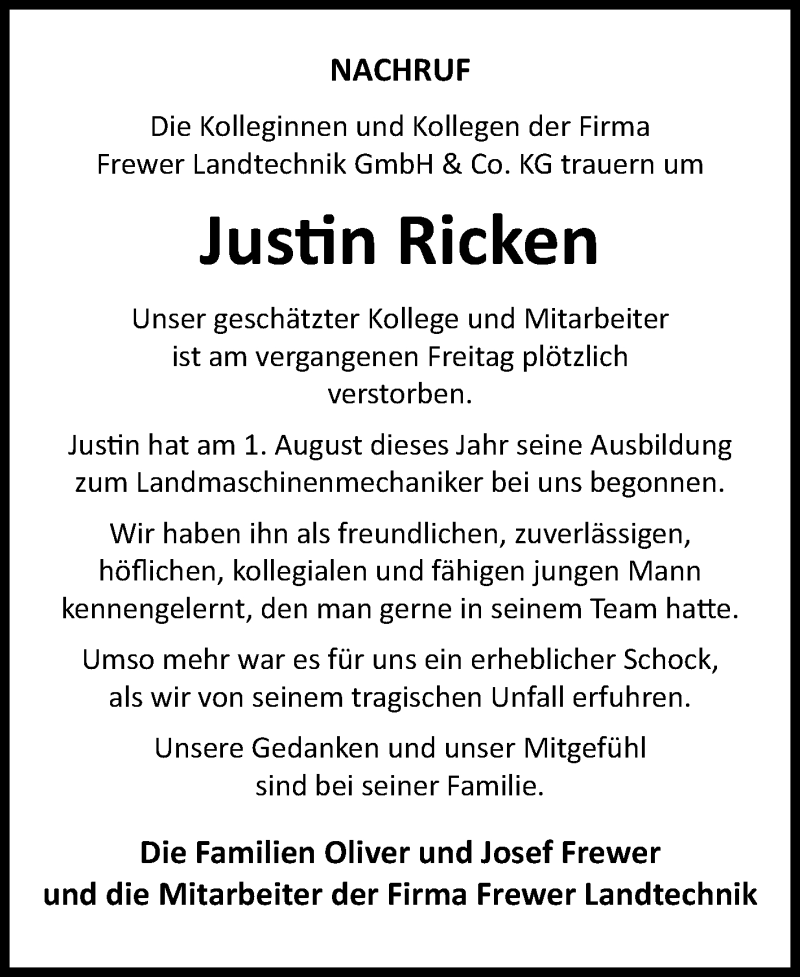 Traueranzeige für Justin Luca Ricken vom 03.10.2018 aus Westfalen-Blatt