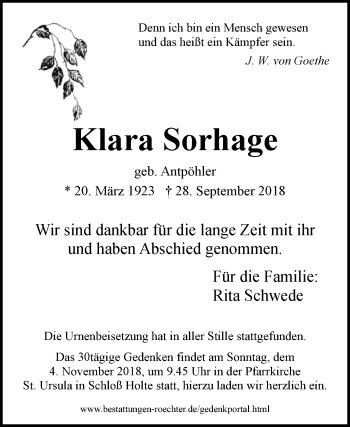Traueranzeige von Klara Sorhage von Westfalen-Blatt