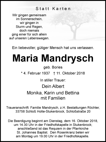 Traueranzeige von Maria Mandrysch von Westfalen-Blatt