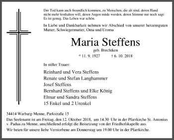 Traueranzeige von Maria Steffens von Westfalen-Blatt