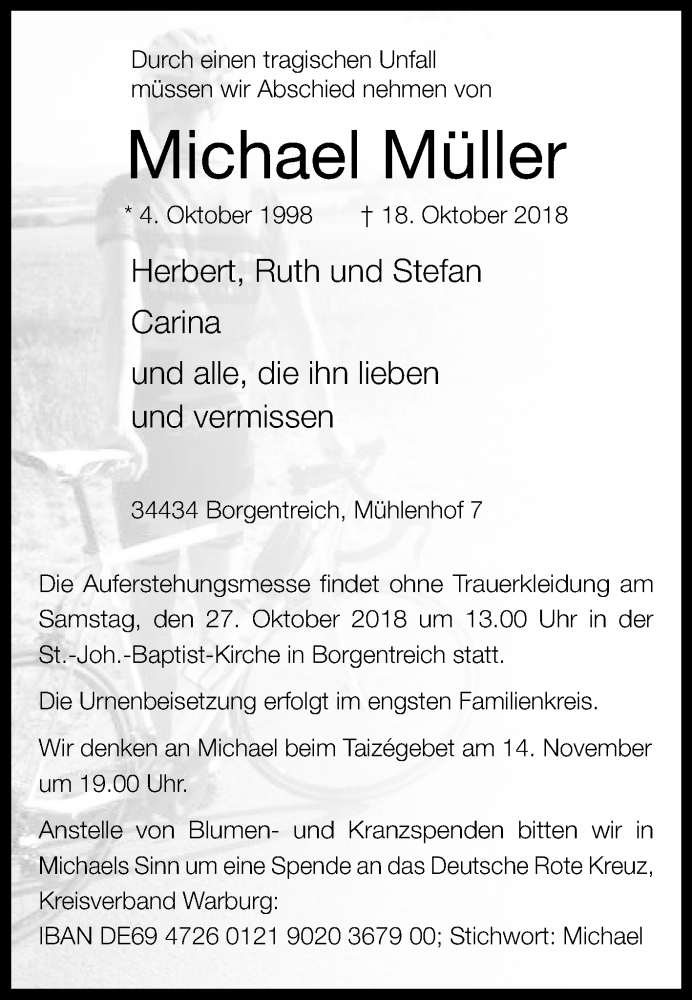  Traueranzeige für Michael Müller vom 24.10.2018 aus Westfalen-Blatt