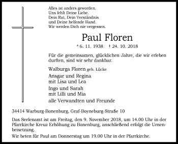 Traueranzeige von Paul Floren von Westfalen-Blatt