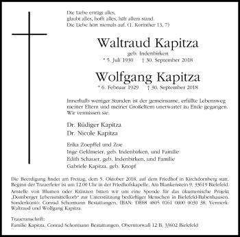 Traueranzeige von Waltraud und Wolfgang Kapitza von Westfalen-Blatt