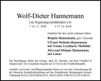 Traueranzeige von Wolf-Dieter Hannemann