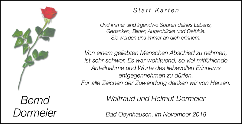  Traueranzeige für Bernd Dormeier vom 17.11.2018 aus Westfalen-Blatt