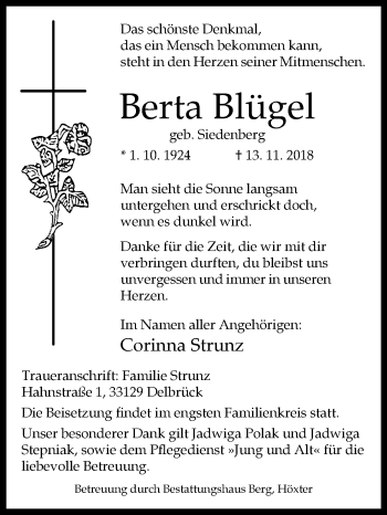 Traueranzeige von Berta Blügel von Westfalen-Blatt