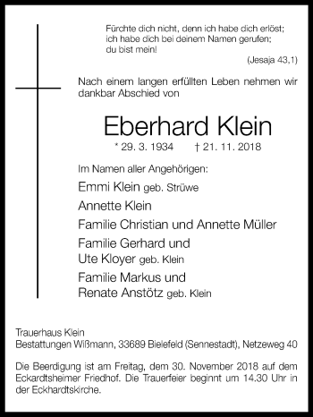 Traueranzeige von Eberhard Klein von Westfalen-Blatt