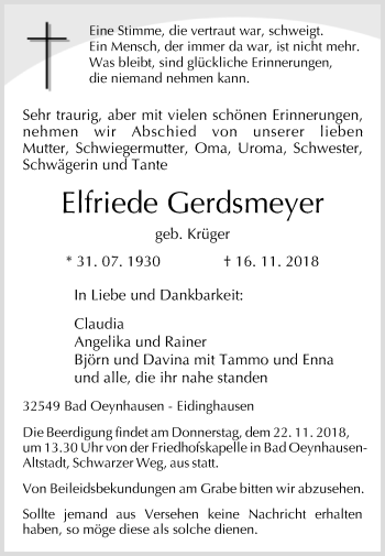 Traueranzeige von Elfriede Gerdsmeyer von Westfalen-Blatt