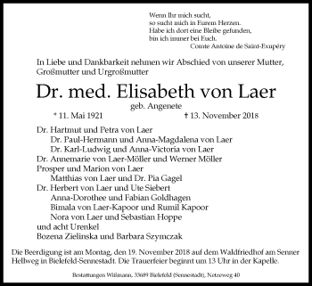 Traueranzeige von Elisabeth von Laer von Westfalen-Blatt