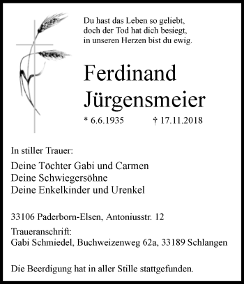 Traueranzeige von Ferdinand Jürgensmeier von Westfalen-Blatt