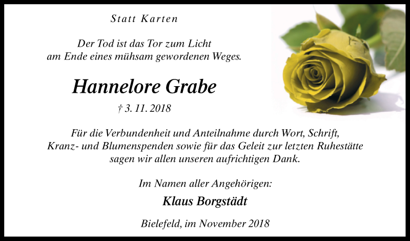  Traueranzeige für Hannelore Grabe vom 24.11.2018 aus Westfalen-Blatt
