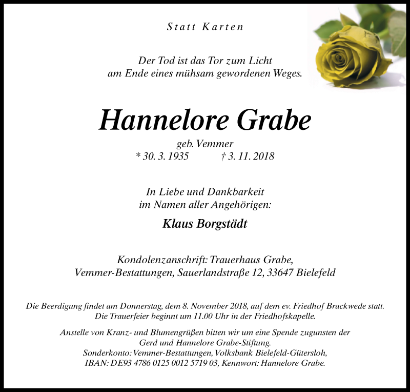  Traueranzeige für Hannelore Grabe vom 05.11.2018 aus Westfalen-Blatt