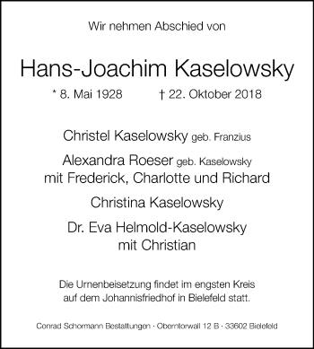 Traueranzeige von Hans-Joachim Kaselowsky von Westfalen-Blatt