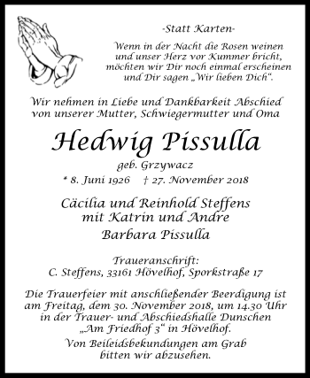 Traueranzeige von Hedwig Pissulla von Westfalen-Blatt