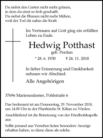 Traueranzeige von Hedwig Potthast von Westfalen-Blatt