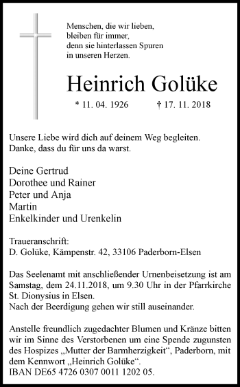 Traueranzeige von Heinrich Golüke von Westfalen-Blatt
