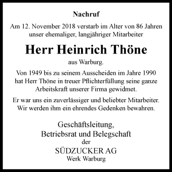 Traueranzeige von Heinrich Thöne von Westfalen-Blatt