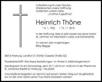 Traueranzeige von Heinrich Thöne von Westfalen-Blatt