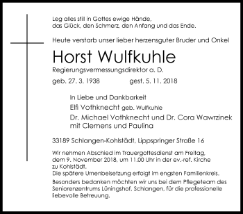 Traueranzeige von Horst Wulfkuhle von Westfalen-Blatt