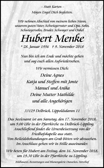 Traueranzeige von Hubert Menke von Westfalen-Blatt
