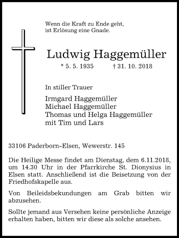 Traueranzeige von Ludwig Haggemüller von Westfalen-Blatt