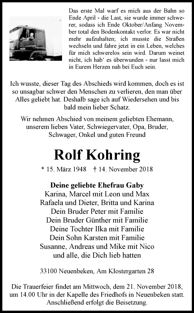  Traueranzeige für Rolf Kohring vom 17.11.2018 aus Westfalen-Blatt
