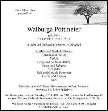 Traueranzeige von Walburga Pottmeier von Westfalen-Blatt