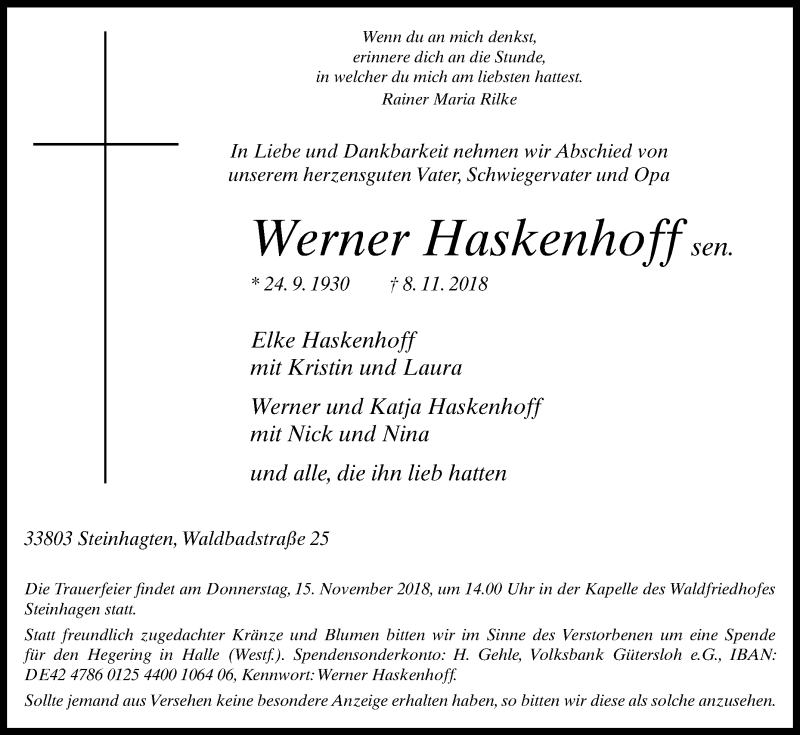  Traueranzeige für Werner Haskenhoff vom 10.11.2018 aus Westfalen-Blatt