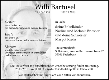 Traueranzeige von Willi Bartusel von Westfalen-Blatt