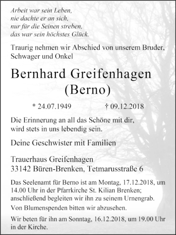  Traueranzeige für Bernhard Greifenhagen vom 12.12.2018 aus Westfalen-Blatt