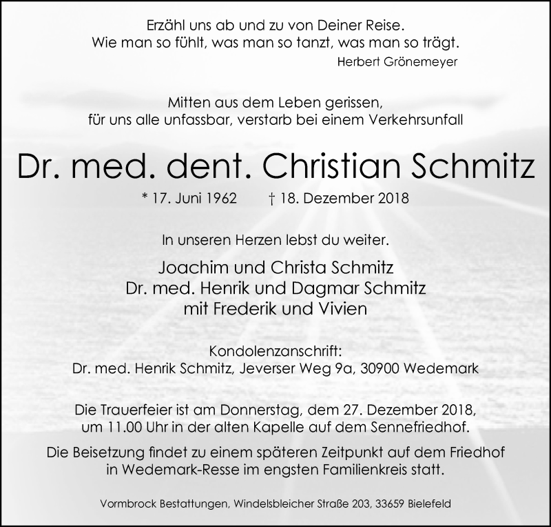  Traueranzeige für Christian Schmitz vom 22.12.2018 aus Westfalen-Blatt