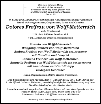 Traueranzeige von Dolores Freifrau von Wolff-Metternich von Westfalen-Blatt
