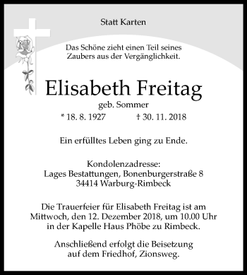 Traueranzeige von Elisabeth Freitag von Westfalen-Blatt