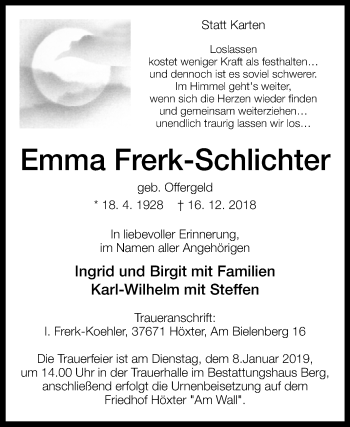 Traueranzeige von Emma Frerk-Schlichter von Westfalen-Blatt