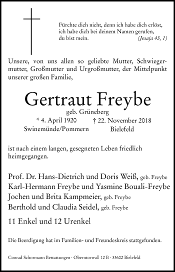 Traueranzeige von Gertraut Freybe von Westfalen-Blatt